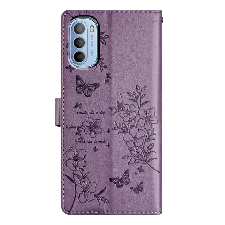 For Motorola Moto G62 5G Butterflies and Flowers Leather Phone Case(Purple)