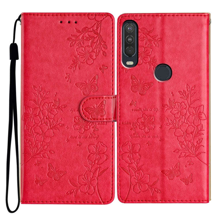 For Motorola One Action Butterflies and Flowers Leather Phone Case(Red)