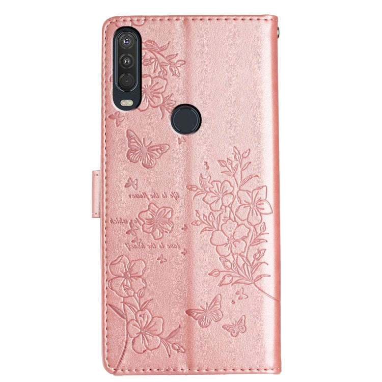 For Motorola P40 Power Butterflies and Flowers Leather Phone Case(Rose Gold)