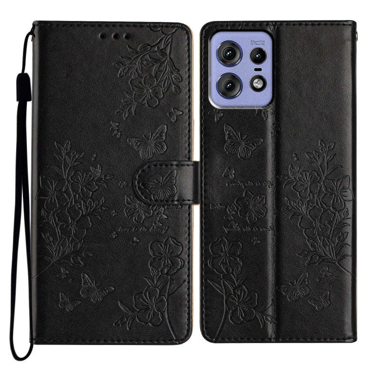 For Motorola Edge 50 Pro Butterflies and Flowers Leather Phone Case(Black)