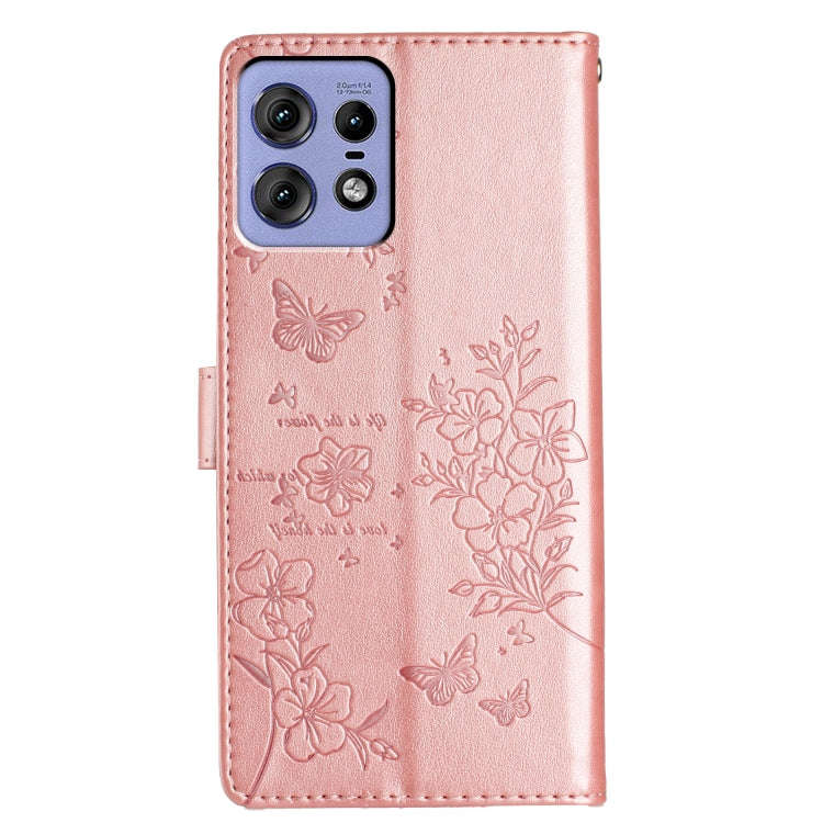 For Motorola Edge 50 Pro Butterflies and Flowers Leather Phone Case(Rose Gold)