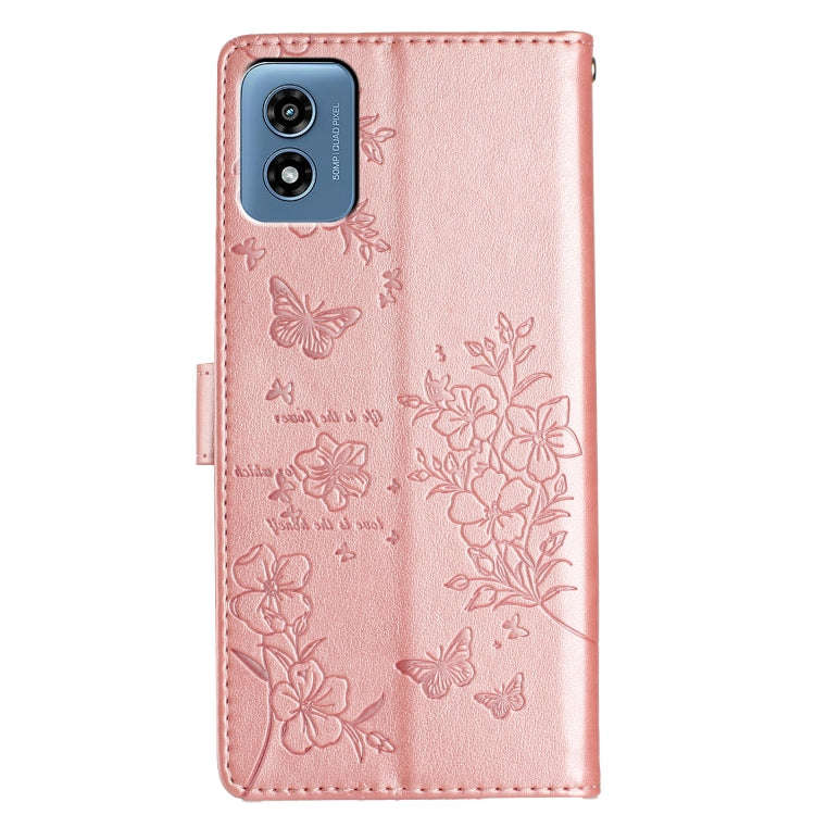 For Motorola Moto G Play 5G 2024 Butterflies and Flowers Leather Phone Case(Rose Gold)
