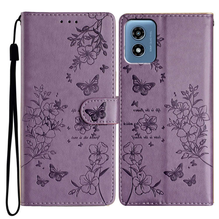 For Motorola Moto G Play 5G 2024 Butterflies and Flowers Leather Phone Case(Purple)