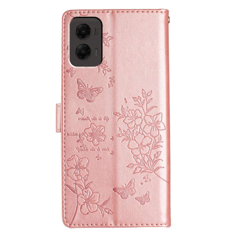 For Motorola Moto G Stylus 5G 2024 Butterflies and Flowers Leather Phone Case(Rose Gold)