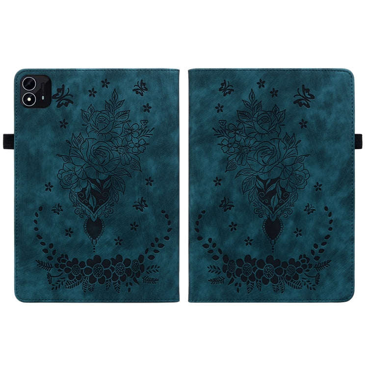 For itel Pad One 10.1 Butterfly Rose Embossed Leather Tablet Case(Dark Blue)