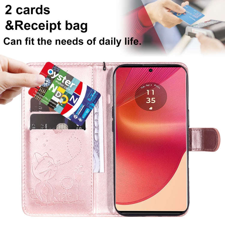 For Motorola Edge 50 Fusion Cat and Bee Embossed Flip Leather Phone Case(Rose Gold)