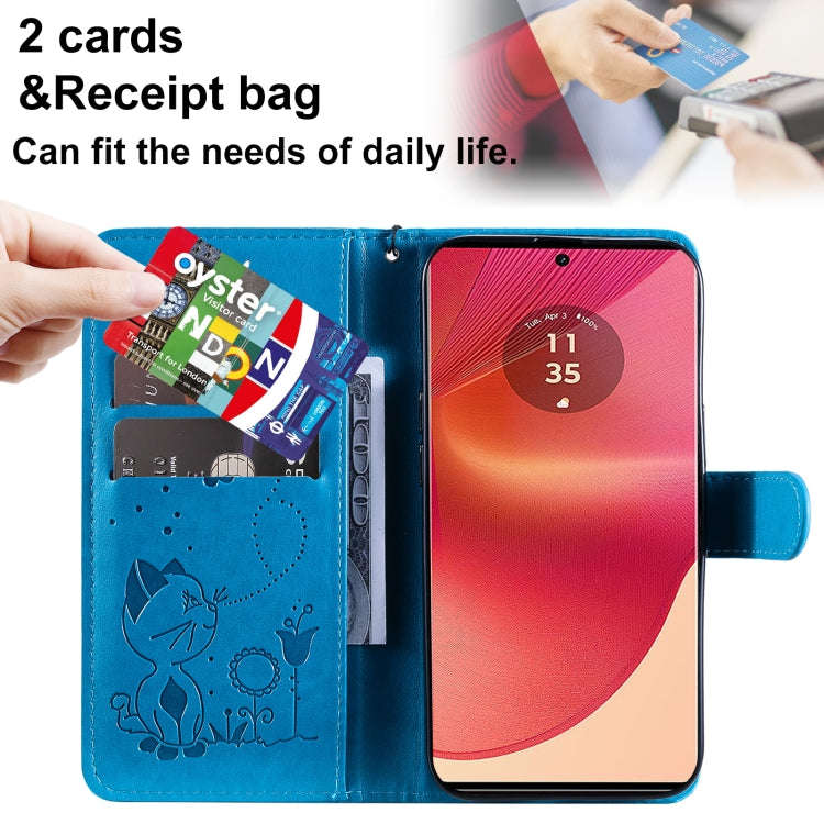 For Motorola Edge 50 Fusion Cat and Bee Embossed Flip Leather Phone Case(Blue)