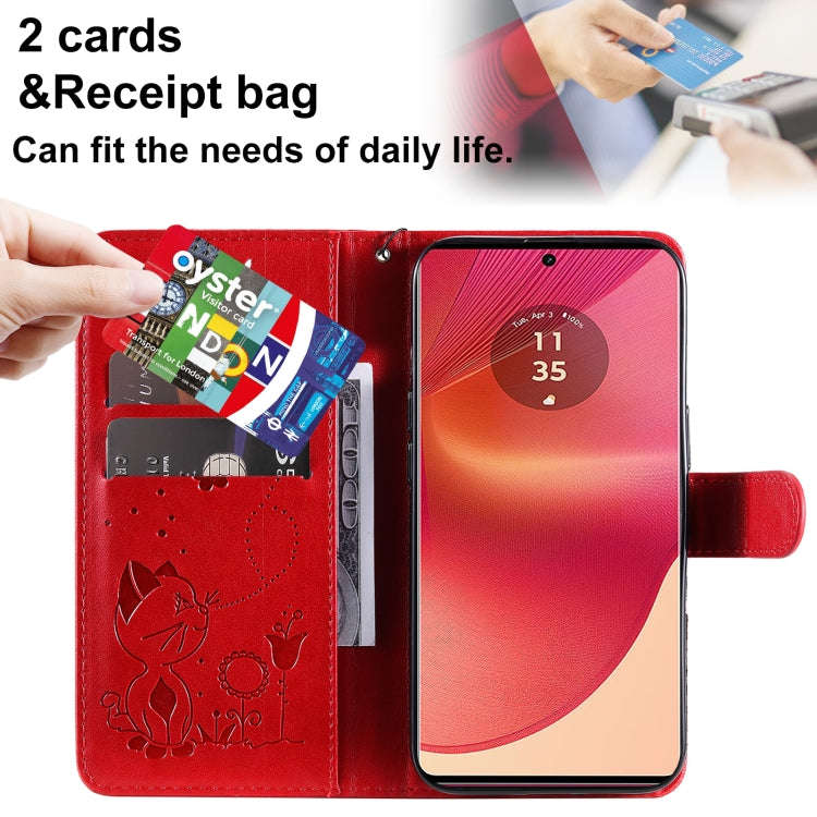 For Motorola Edge 50 Fusion Cat and Bee Embossed Flip Leather Phone Case(Red)