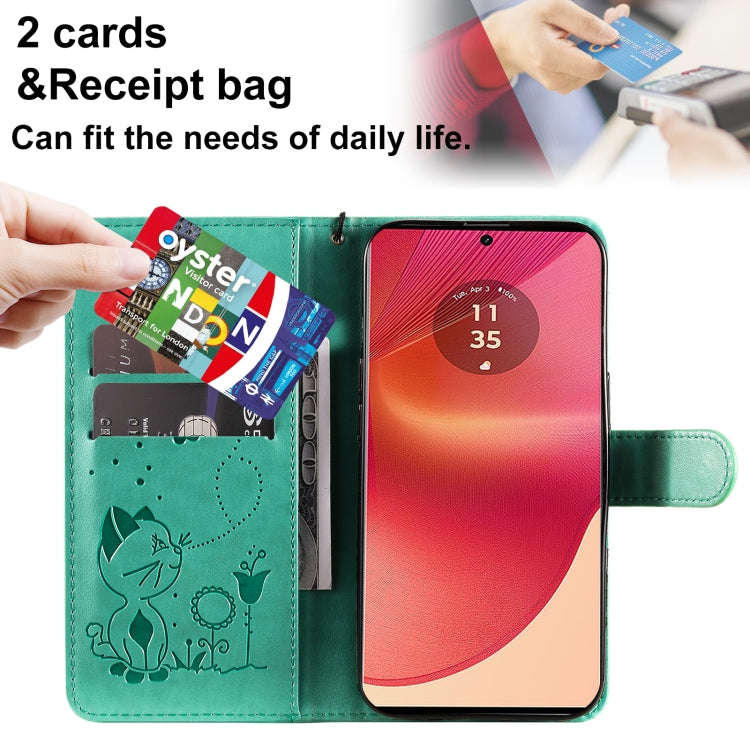 For Motorola Edge 50 Fusion Cat and Bee Embossed Flip Leather Phone Case(Green)