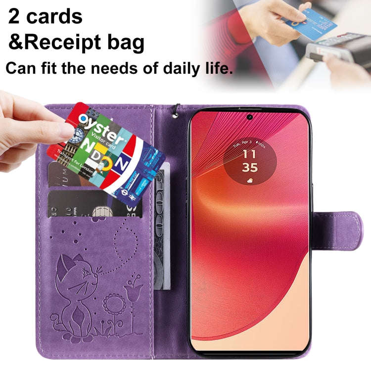 For Motorola Edge 50 Fusion Cat and Bee Embossed Flip Leather Phone Case(Purple)