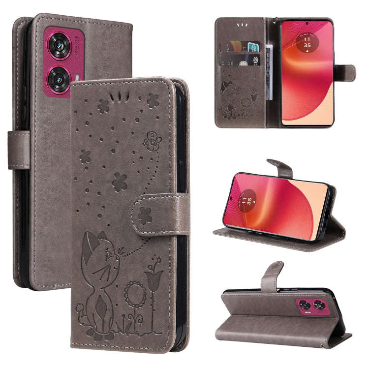 For Motorola Edge 50 Fusion Cat and Bee Embossed Flip Leather Phone Case(Grey)