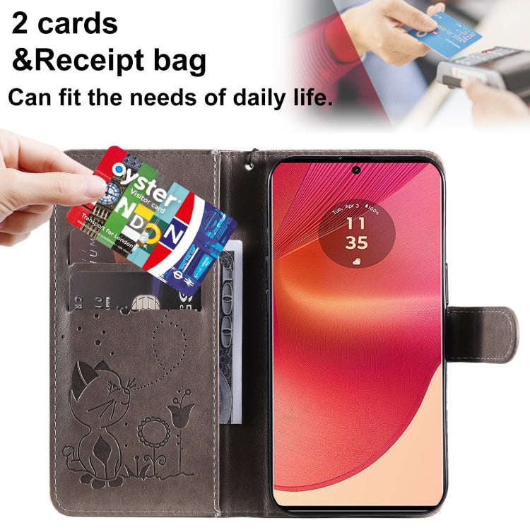 For Motorola Edge 50 Fusion Cat and Bee Embossed Flip Leather Phone Case(Grey)