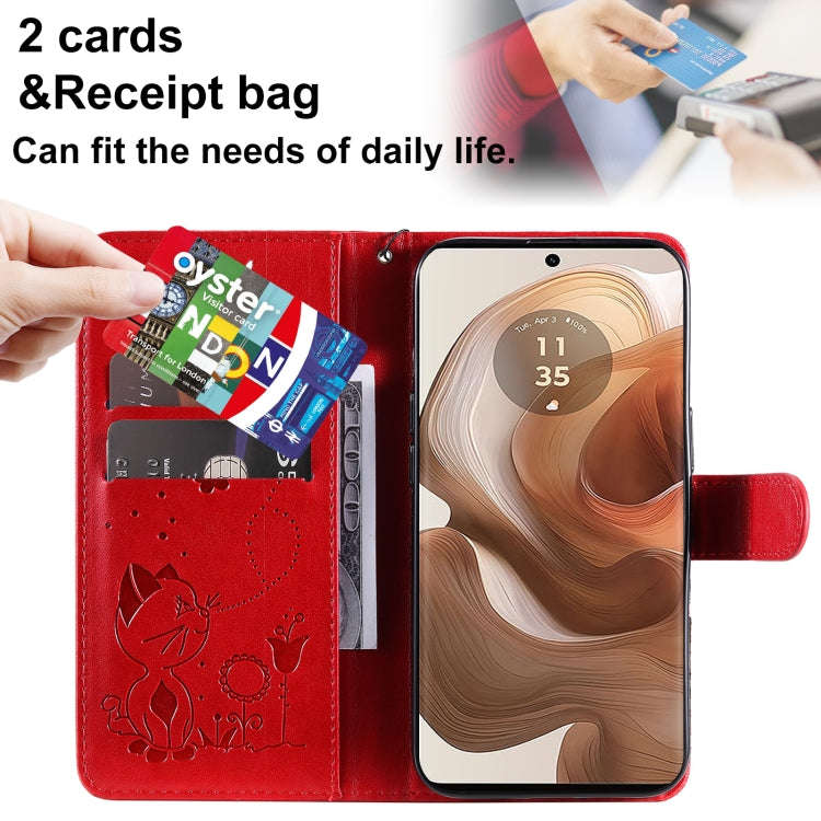 For Motorola Edge 50 Ultra Cat and Bee Embossed Flip Leather Phone Case(Red)