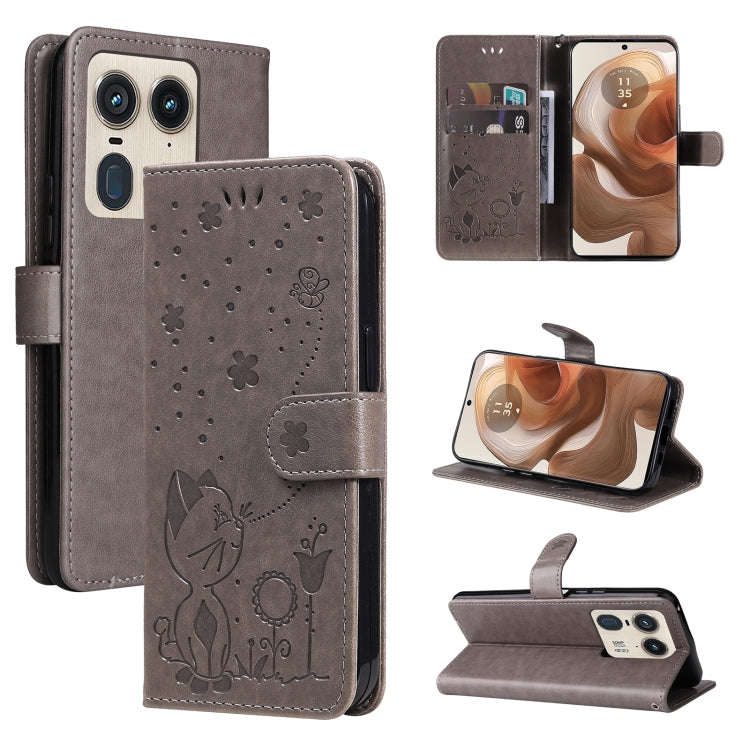 For Motorola Edge 50 Ultra Cat and Bee Embossed Flip Leather Phone Case(Grey)