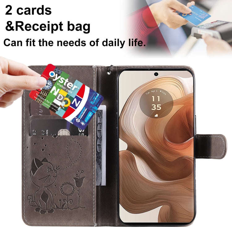 For Motorola Edge 50 Ultra Cat and Bee Embossed Flip Leather Phone Case(Grey)