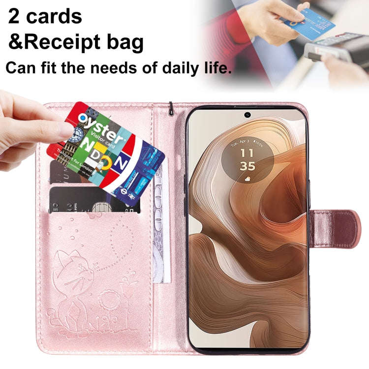 For Motorola Edge 50 Ultra Cat and Bee Embossed Flip Leather Phone Case(Rose Gold)