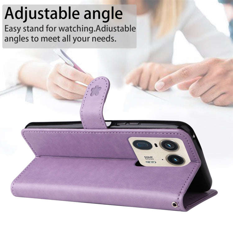 For Motorola Edge 50 Ultra Cat and Bee Embossed Flip Leather Phone Case(Purple)