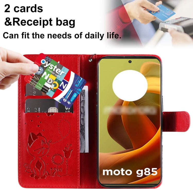 For Motorola Moto G85 Cat and Bee Embossed Flip Leather Phone Case(Red)