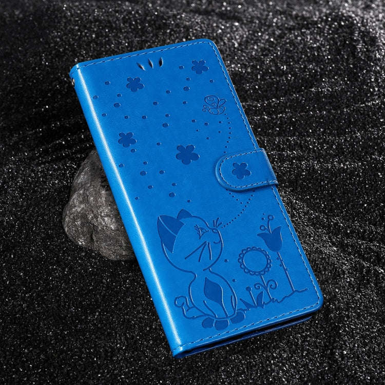 For Motorola Moto G85 Cat and Bee Embossed Flip Leather Phone Case(Blue)