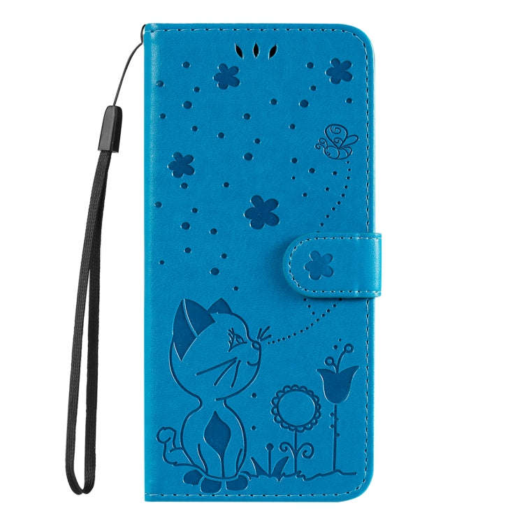 For Motorola Moto G85 Cat and Bee Embossed Flip Leather Phone Case(Blue)