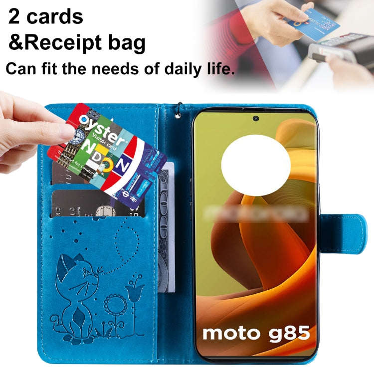 For Motorola Moto G85 Cat and Bee Embossed Flip Leather Phone Case(Blue)