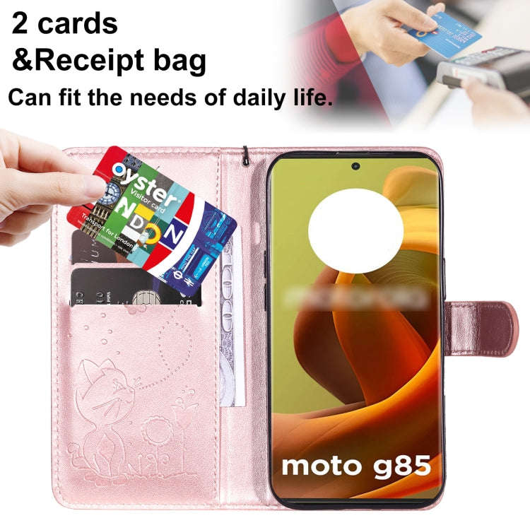 For Motorola Moto G85 Cat and Bee Embossed Flip Leather Phone Case(Rose Gold)
