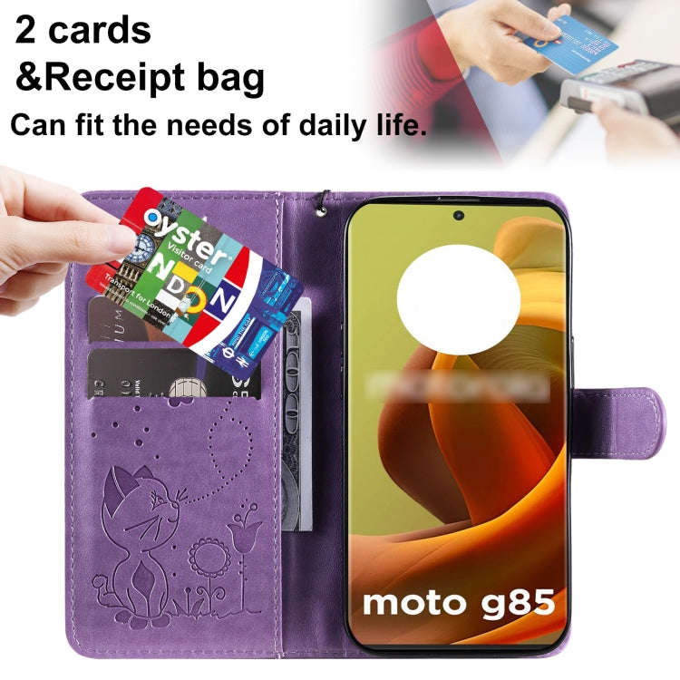 For Motorola Moto G85 Cat and Bee Embossed Flip Leather Phone Case(Purple)