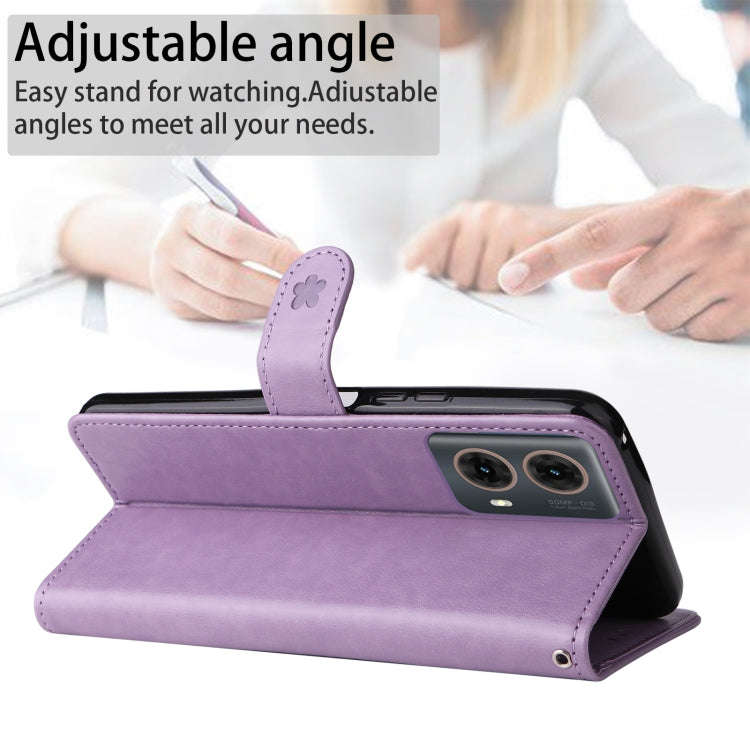 For Motorola Moto G85 Cat and Bee Embossed Flip Leather Phone Case(Purple)