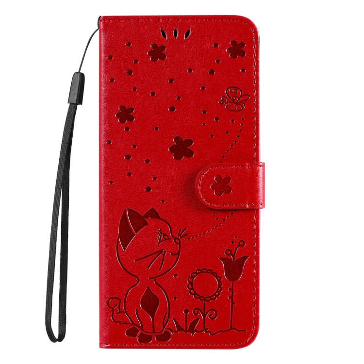 For Motorola Edge 50 5G Cat and Bee Embossed Flip Leather Phone Case(Red)