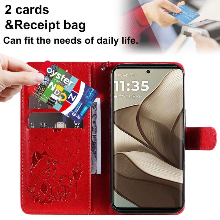 For Motorola Edge 50 5G Cat and Bee Embossed Flip Leather Phone Case(Red)