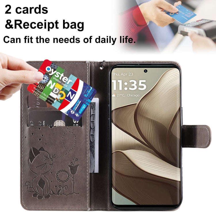 For Motorola Edge 50 5G Cat and Bee Embossed Flip Leather Phone Case(Grey)