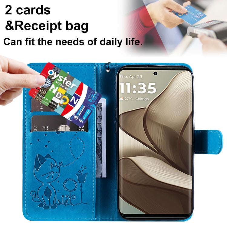 For Motorola Edge 50 5G Cat and Bee Embossed Flip Leather Phone Case(Blue)