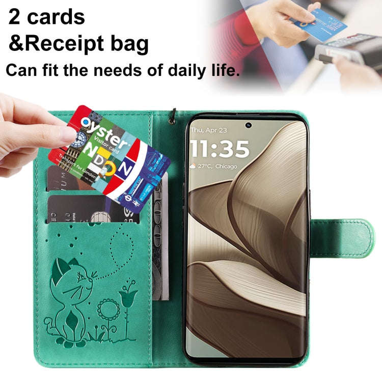 For Motorola Edge 50 5G Cat and Bee Embossed Flip Leather Phone Case(Green)