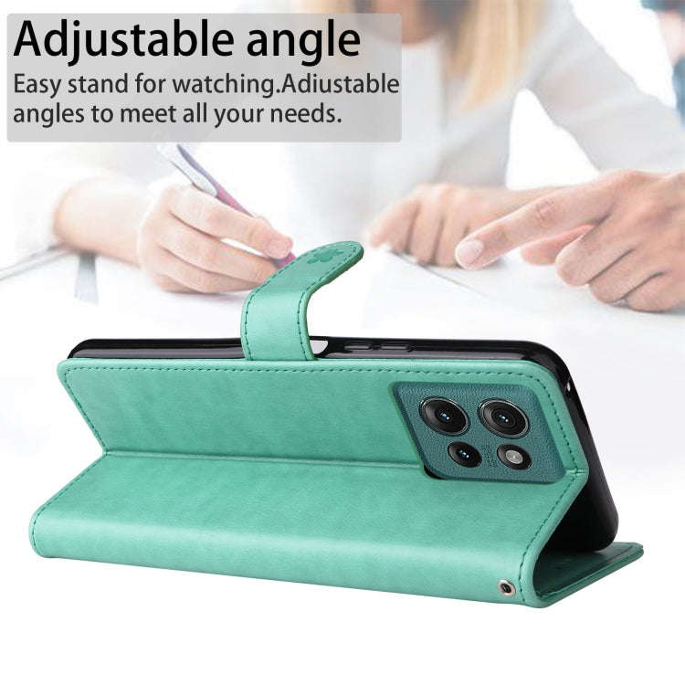 For Motorola Edge 50 5G Cat and Bee Embossed Flip Leather Phone Case(Green)