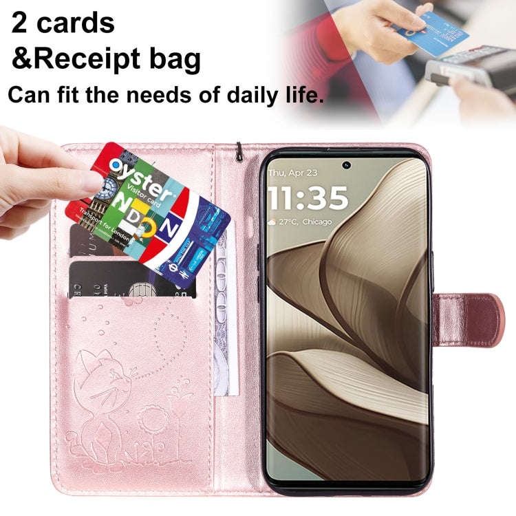 For Motorola Edge 50 5G Cat and Bee Embossed Flip Leather Phone Case(Rose Gold)