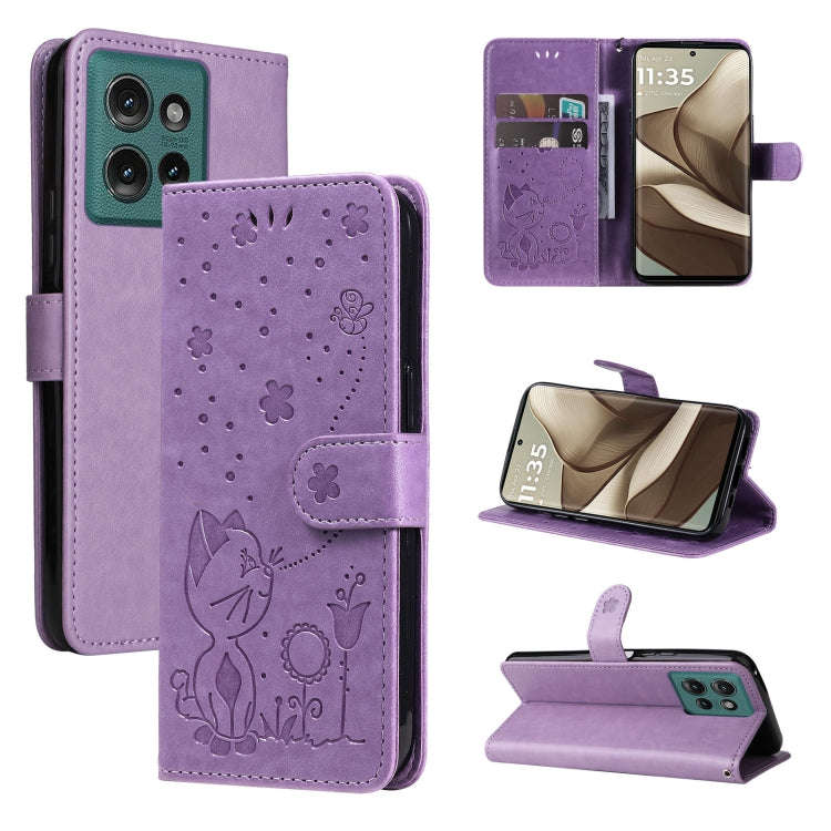 For Motorola Edge 50 5G Cat and Bee Embossed Flip Leather Phone Case(Purple)