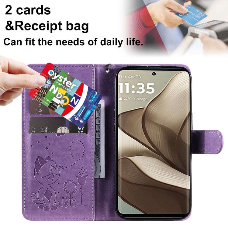 For Motorola Edge 50 5G Cat and Bee Embossed Flip Leather Phone Case(Purple)