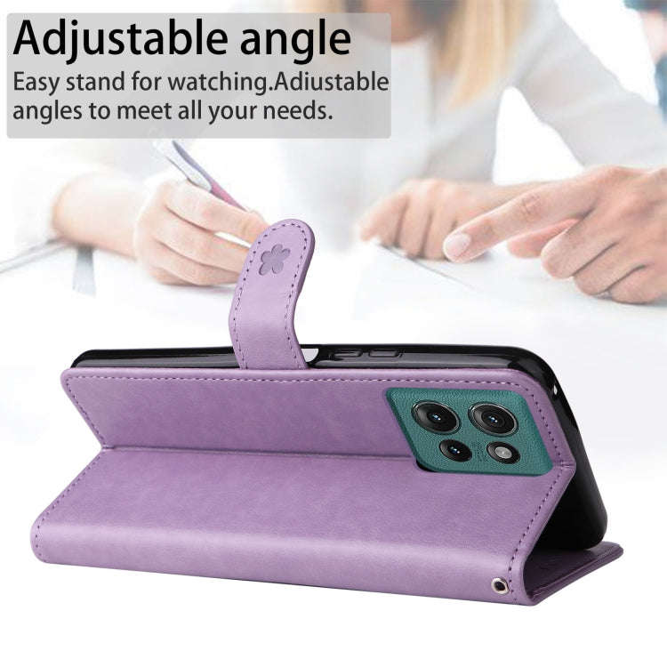 For Motorola Edge 50 5G Cat and Bee Embossed Flip Leather Phone Case(Purple)