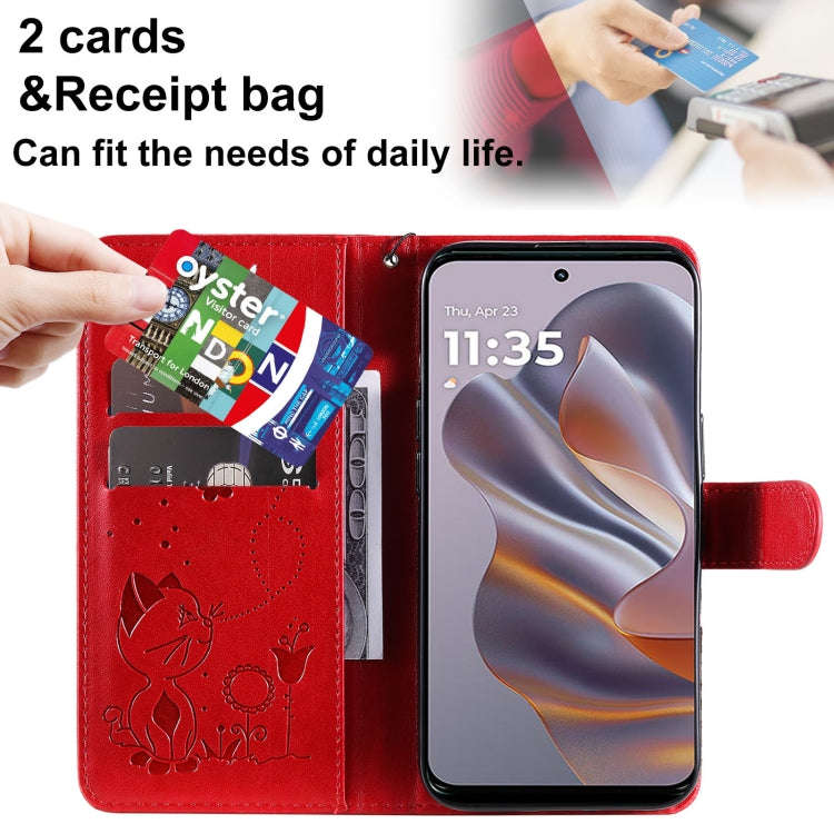 For Motorola Edge 50 Neo Cat and Bee Embossed Flip Leather Phone Case(Red)
