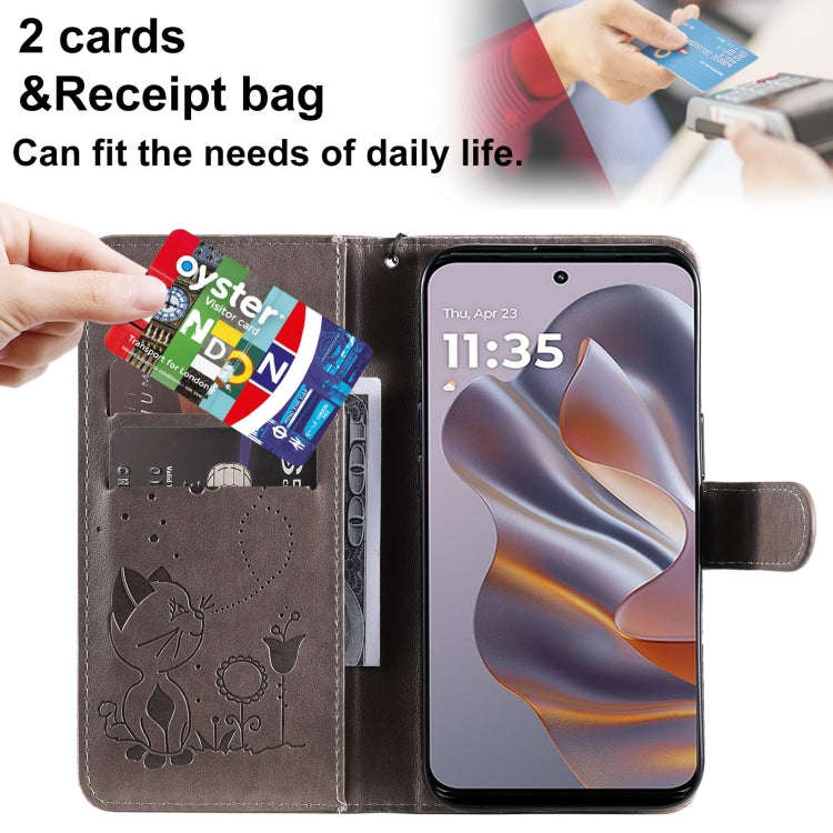 For Motorola Edge 50 Neo Cat and Bee Embossed Flip Leather Phone Case(Grey)