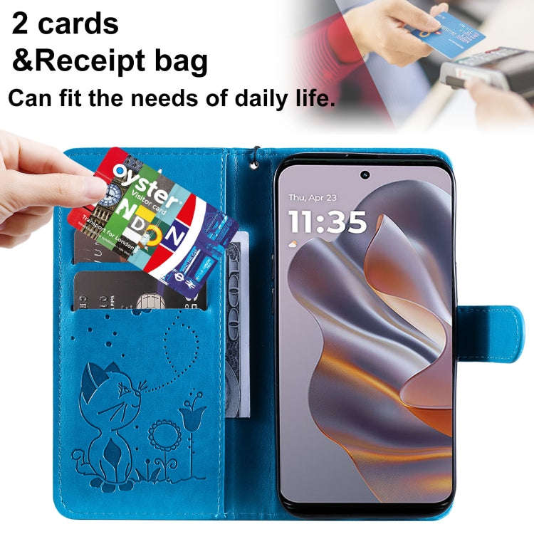 For Motorola Edge 50 Neo Cat and Bee Embossed Flip Leather Phone Case(Blue)