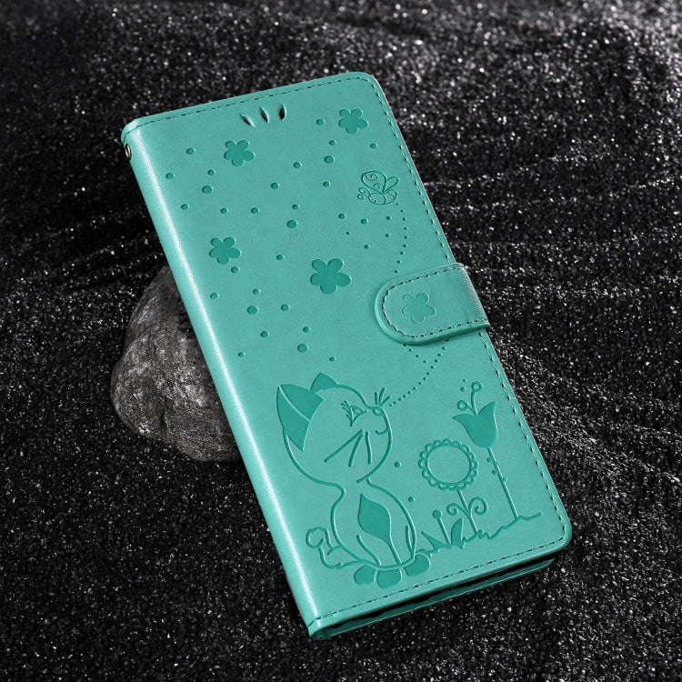 For Motorola Edge 50 Neo Cat and Bee Embossed Flip Leather Phone Case(Green)