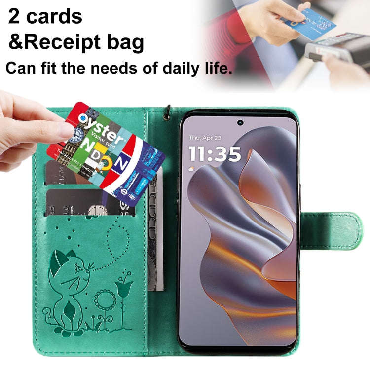 For Motorola Edge 50 Neo Cat and Bee Embossed Flip Leather Phone Case(Green)