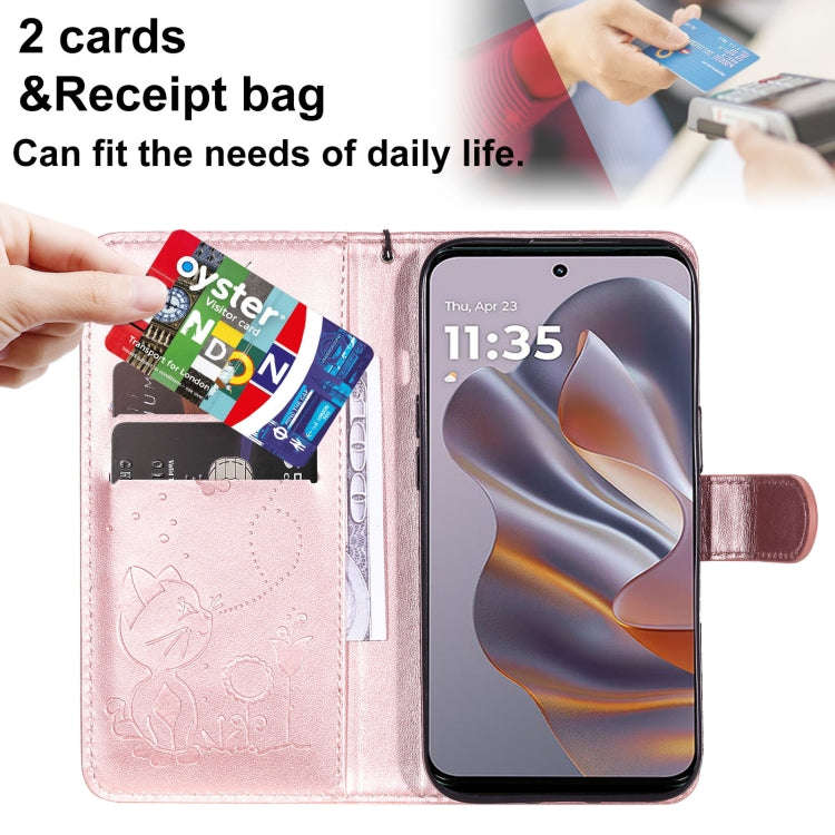 For Motorola Edge 50 Neo Cat and Bee Embossed Flip Leather Phone Case(Rose Gold)