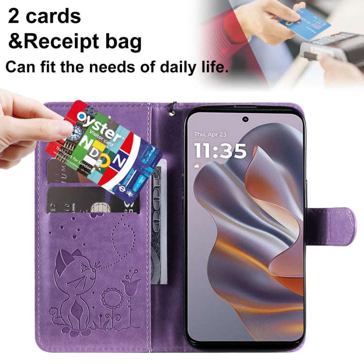 For Motorola Edge 50 Neo Cat and Bee Embossed Flip Leather Phone Case(Purple)