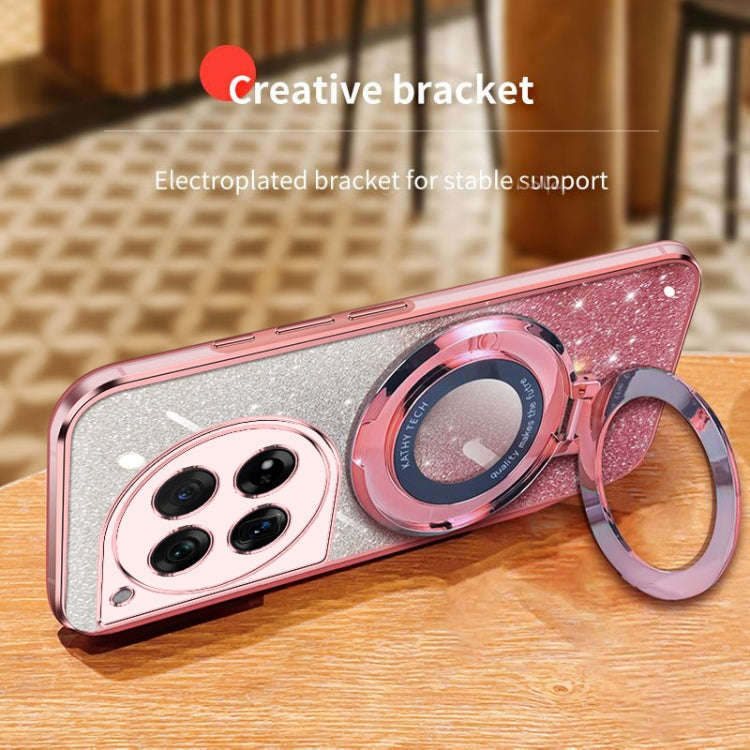 For OnePlus 12 Plated Gradient Glitter Round Holder TPU Phone Case(Pink)