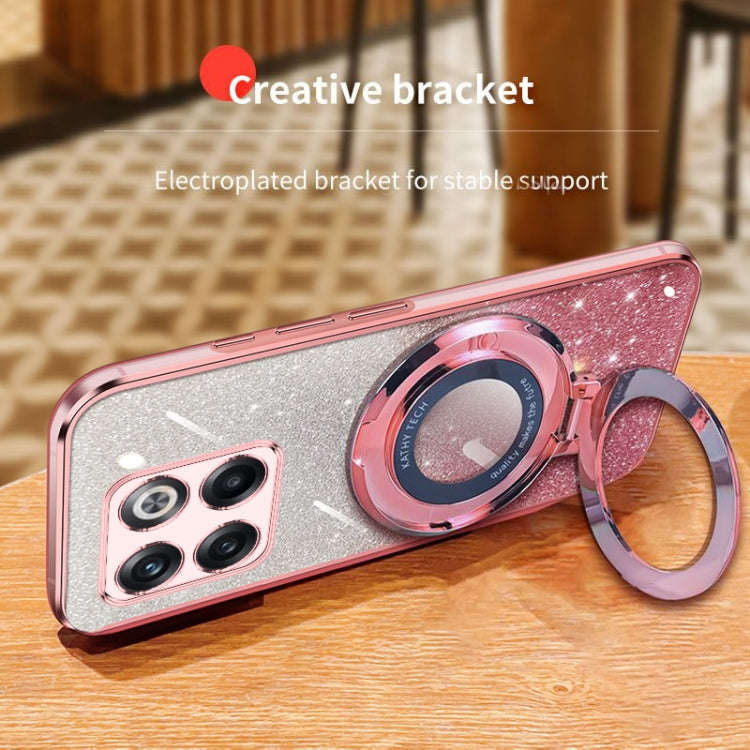 For OnePlus 10T Plated Gradient Glitter Round Holder TPU Phone Case(Silver)
