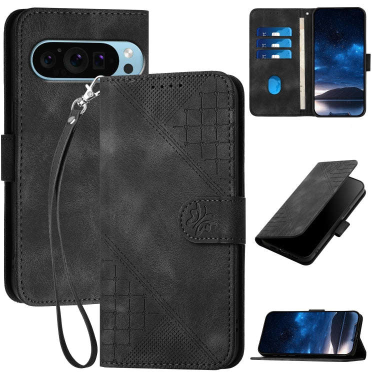 For Google Pixel 9 Pro XL Grid Butterfly Embossed Pattern Leather Phone Case with Lanyard(Black)