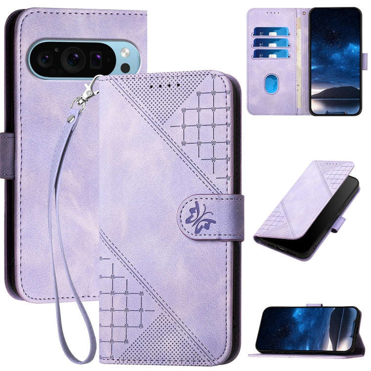 For Google Pixel 9 Pro XL Grid Butterfly Embossed Pattern Leather Phone Case with Lanyard(Light P...