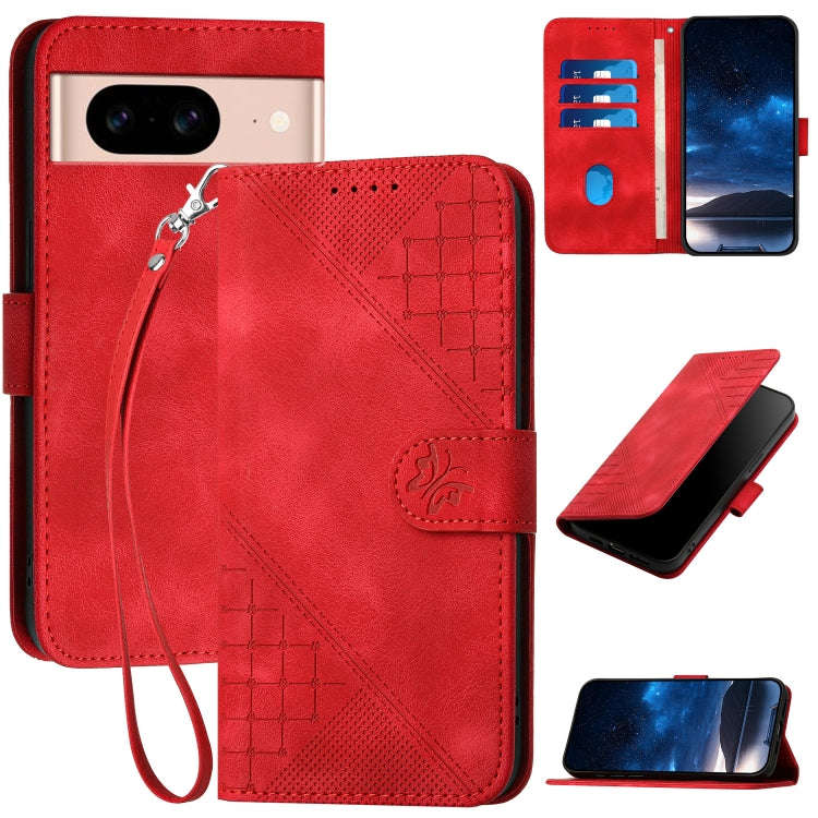 For Google Pixel 8a Grid Butterfly Embossed Pattern Leather Phone Case with Lanyard(Red)